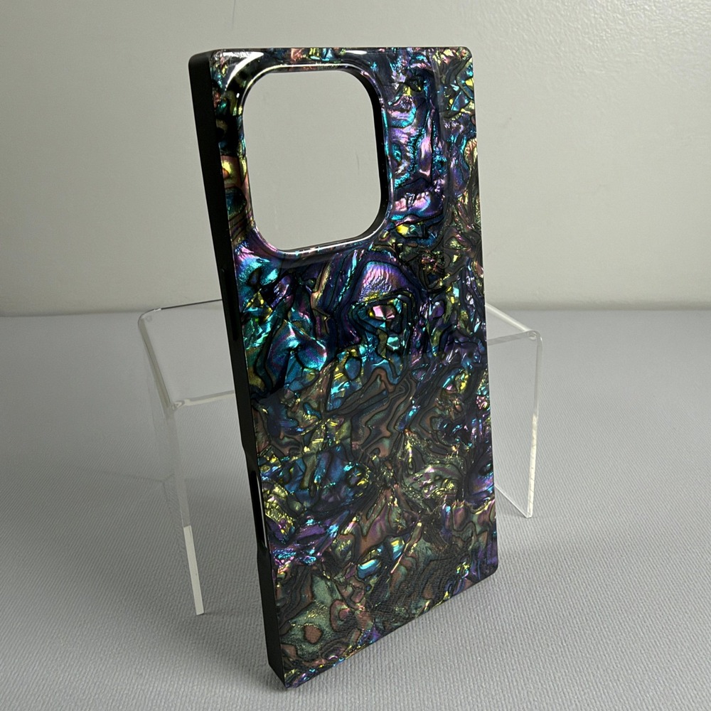 iPhone 16 Pro Max Case Iridescent Abalone Shell Pattern Black Bumper